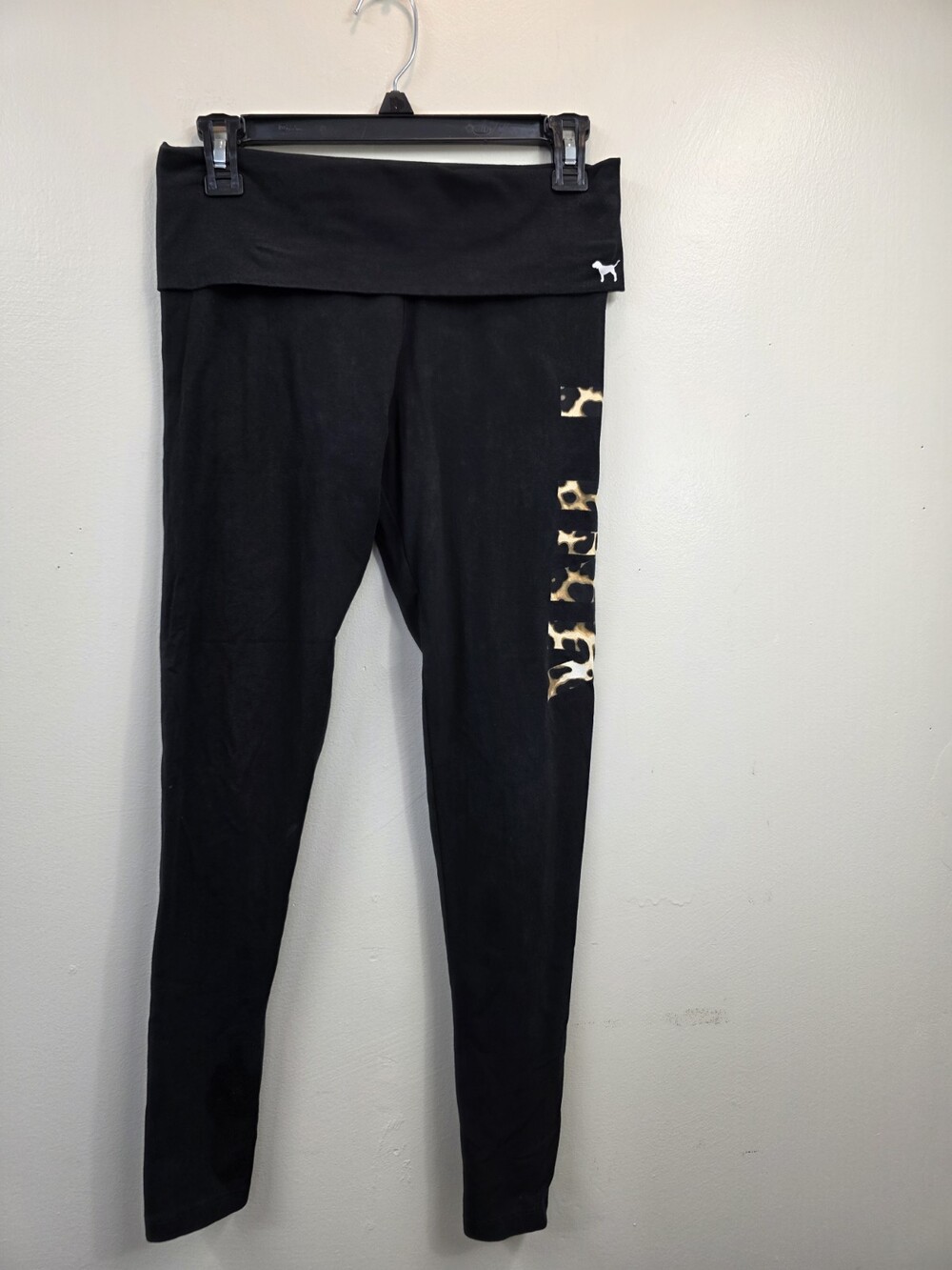 VS PINK Y2K FOLDOVER YOGA LEGGINGS BLACK LEOPARD CHEETAH PRINT LOGO HTF RARE S
